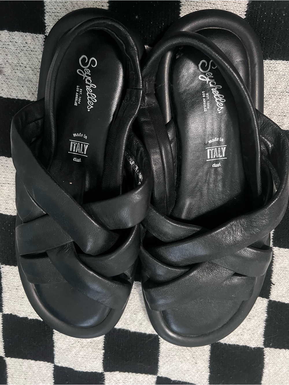 Seychelles Black Leather Crisscross Slide Mules